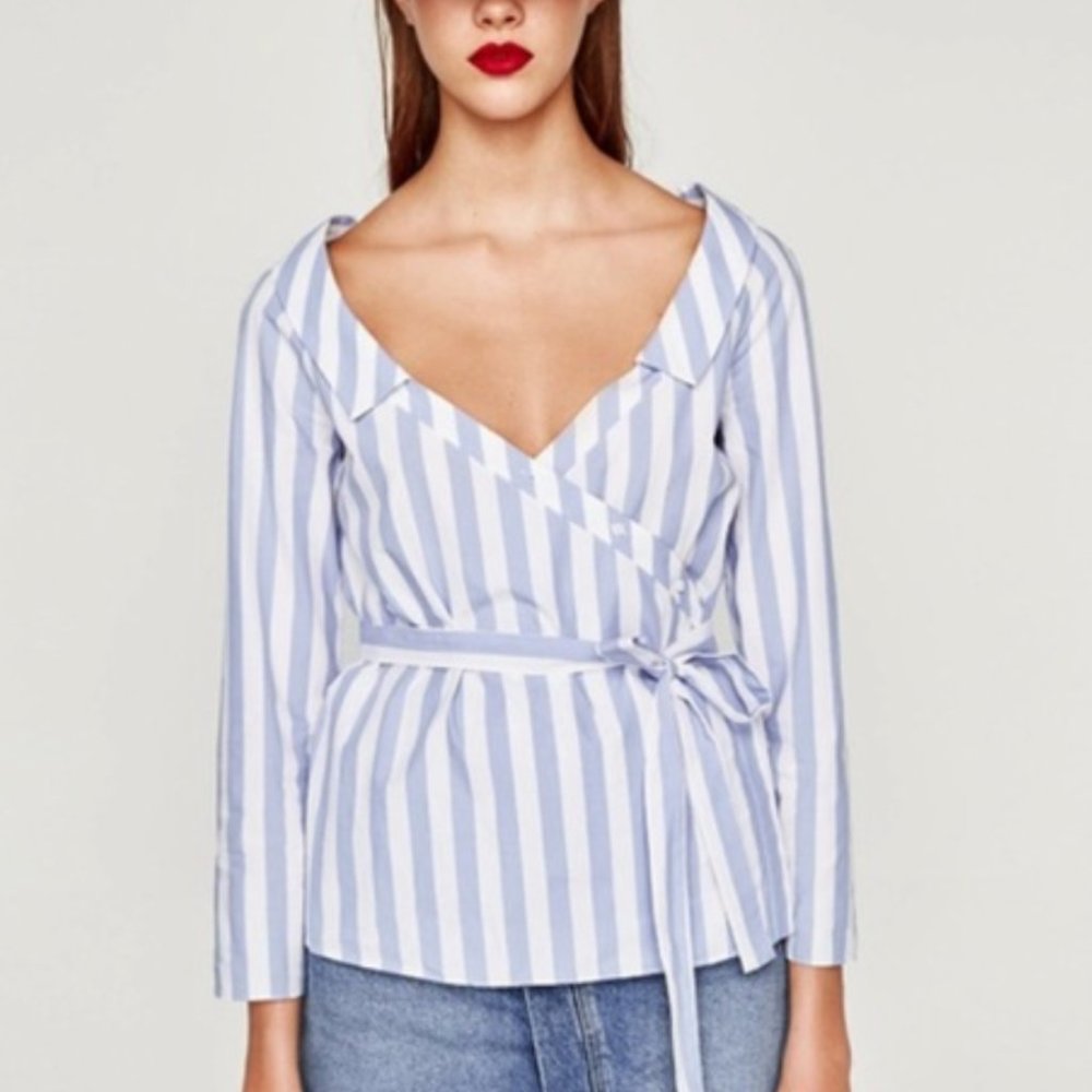 ZARA Stripe White Blue Button Up Collar Wrap Top